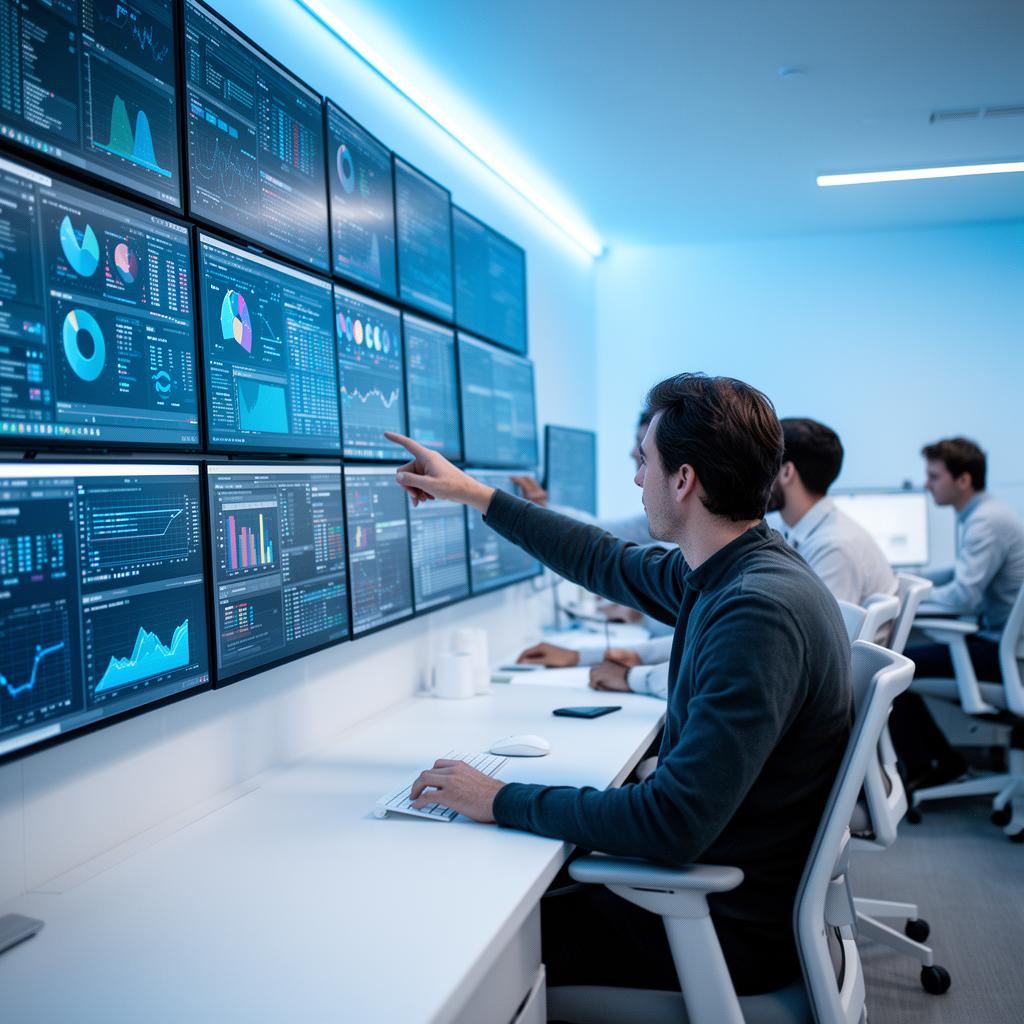 Engineers reviewing dashboards on a wall of monitors