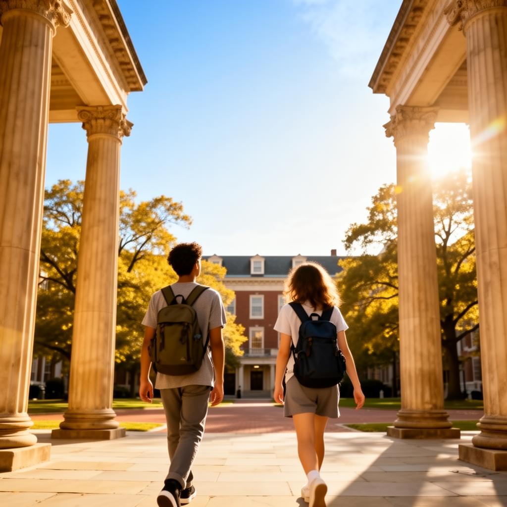 Two students walking through a sunlit university courtyard