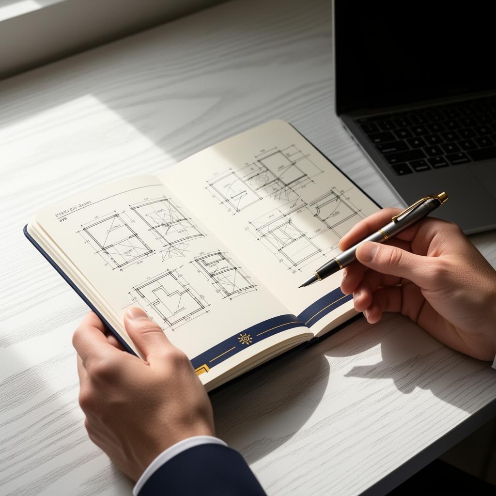 Architect's notebook with hand-drawn module diagrams
