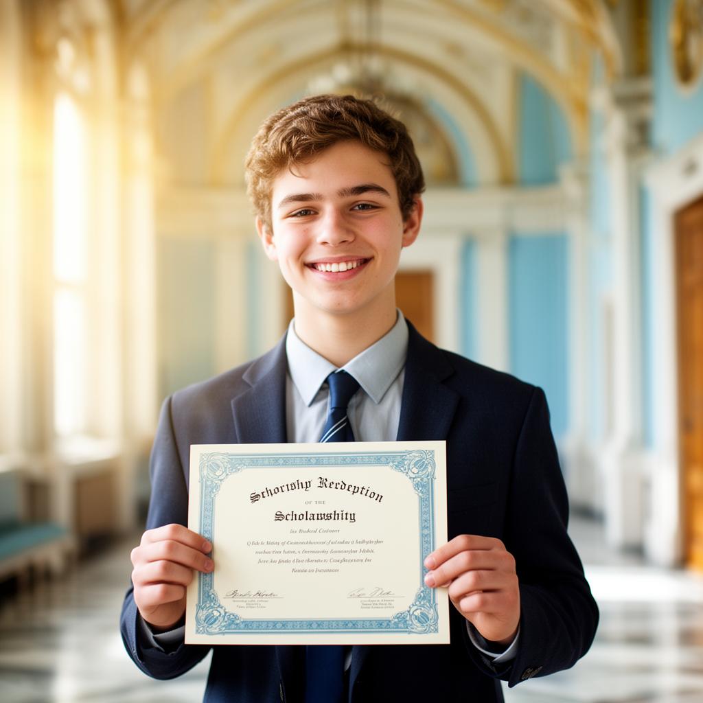 Scholarship recipient holding a certificate in a bright hall